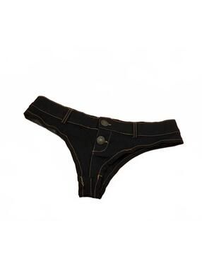 Blue Black Denim-Inspired Thong Panties with Contrast Stitching, Size Large